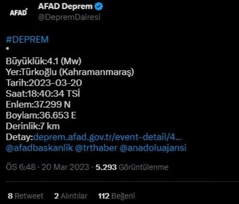 Kahramanmaraş'ta 4.1 büyüklüğünde deprem...